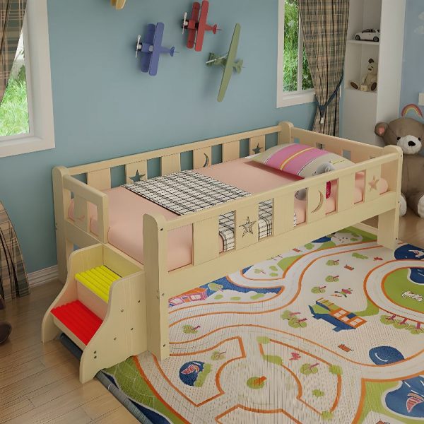 "Modish Timber Wood Grain Gender Neutral Standard Children Bed with Coir, Ladder, Detachable Guardrails"