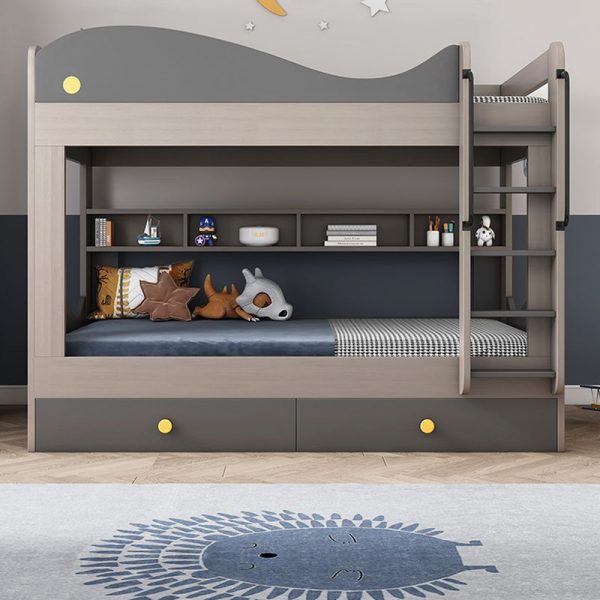 "Stylish Grey Manufactured Wood Bunk Children's Bed with 7 Drawers"