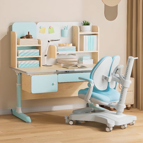 "Flexible Height Moisture-proof Wood Color Adjustable Kids Desk with Casters, 2 Shelves, Hutch, and Metal Drawer Glides"