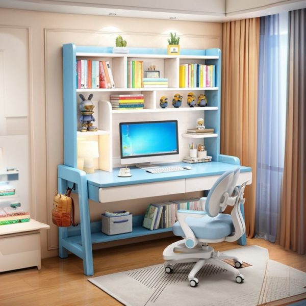 "Multi-levelled Hydrophobic Kids Computer Desk in Chalk/Natural Finish/Sepia with Locker and Shelf, Drawer and Hutch"
