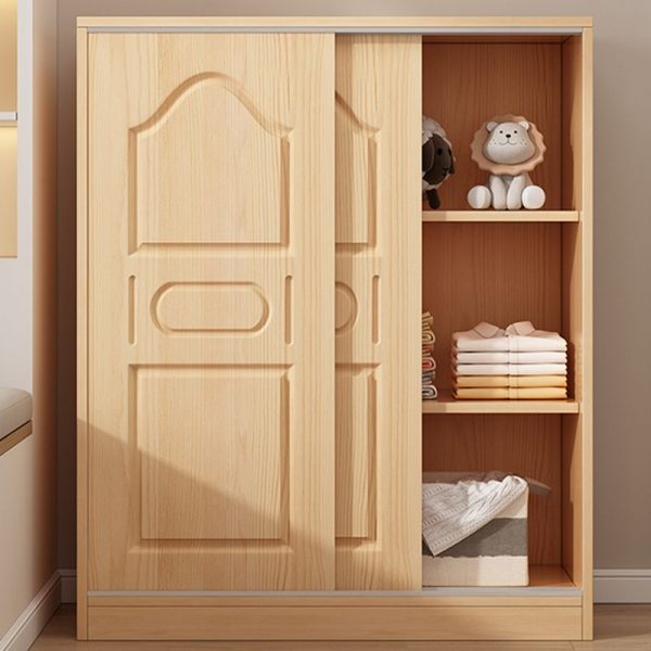 "Pine Wood Kids Wardrobe in Neutral Wood Tone with Shelf, Clothing Rod, and Door"
