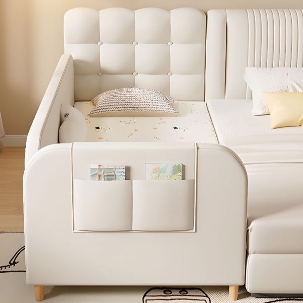 "Simplistic White Pu Leather Standard Children Bed Wood with Headboard, Coir, Guardrail"