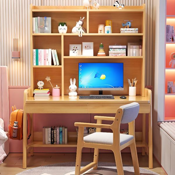 "Moves Up and Down Kids Computer Desk with Hutch, Stockroom and 5 Shelves, Metal Drawer Slides and a Wood Color/Light Brown/White Timber Tabletop"