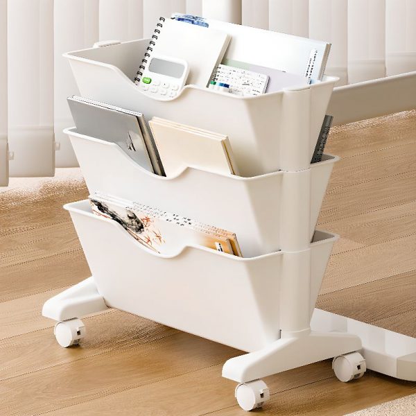 "Simplistic Standard Children's Bookshelf with Roller Wheels, 3 Plastic Shelves, Vertical Orientation, and Double-sided Design"