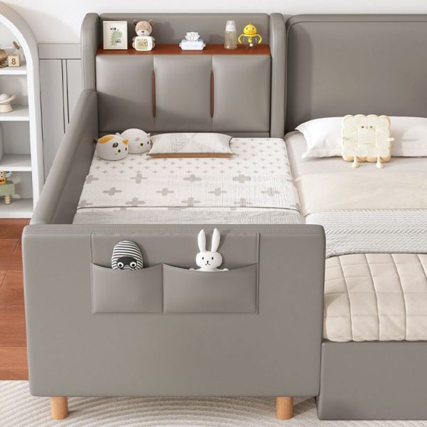 "Sleek Dove Grey Wood Art Deco Standard Children Bed with Artificial Leather, Footboard, Headboard Storage & Detachable Guardrails"